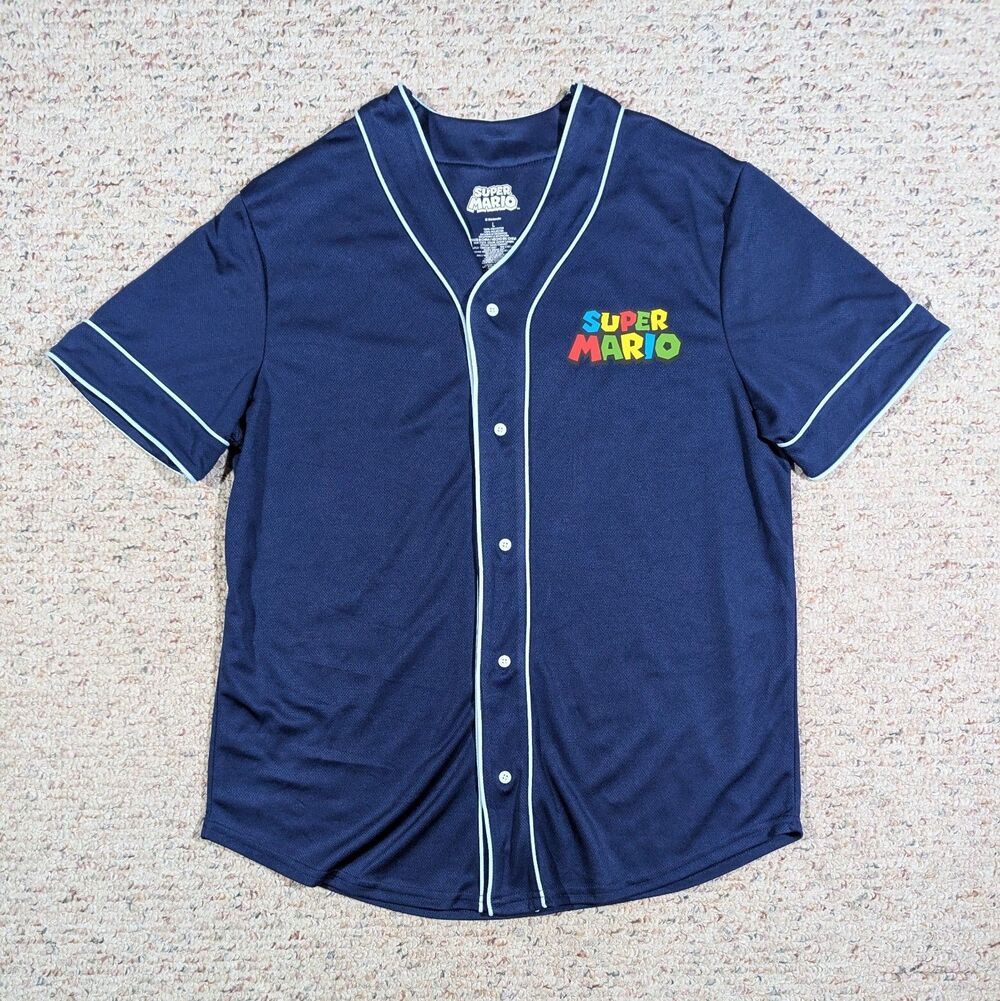 Nintendo Super Mario Baseball Jersey Mens Large Navy Blue Button Up Shirt